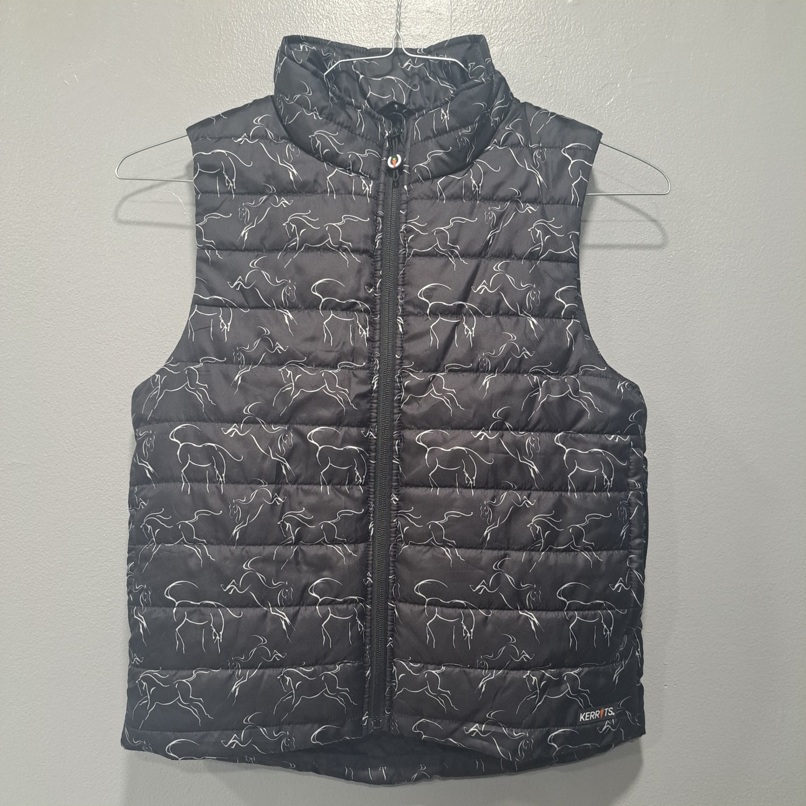 Kerrits Performance Equestrian Puffer Vest Black White Horse Print Womens L
